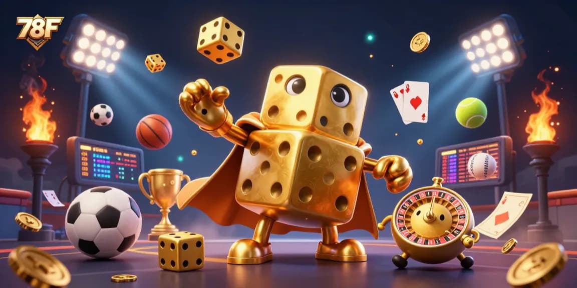 Aposte na sorte com 78F, um golem de dados dourados e elementos de cassino vibrantes.