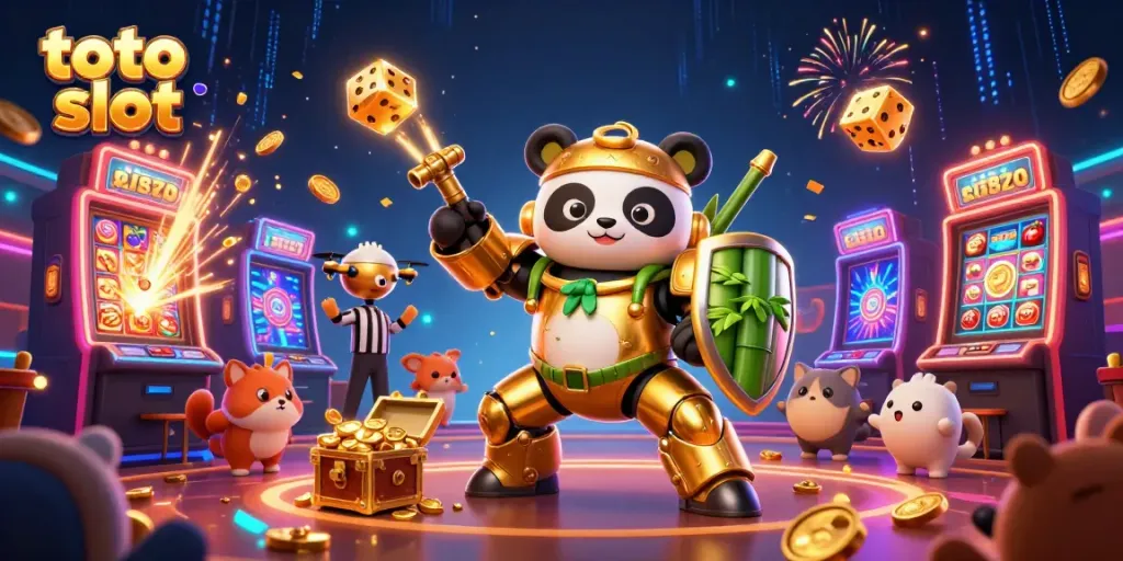 Experience the thrilling world of toto slot with a dynamic 3D illustration of a golden panda robot surrounded by casino elements.