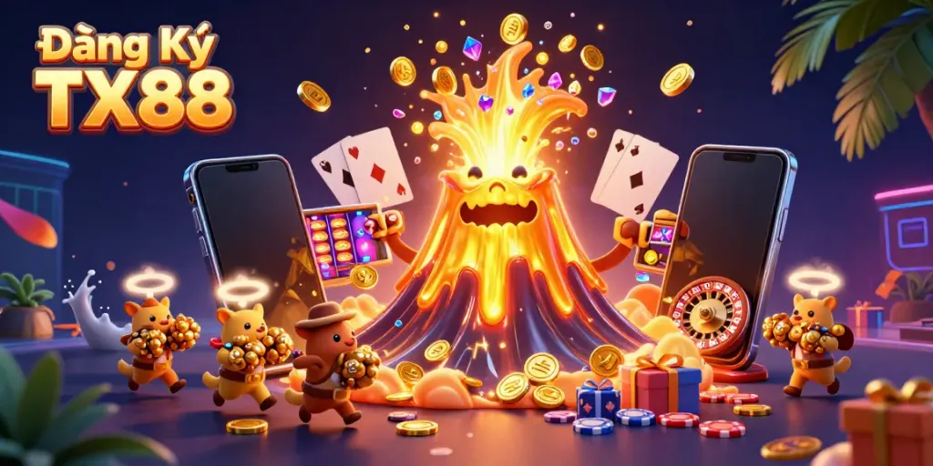 Play exciting games at Đăng Ký TX88 while exploring a vibrant casino treasure scene.