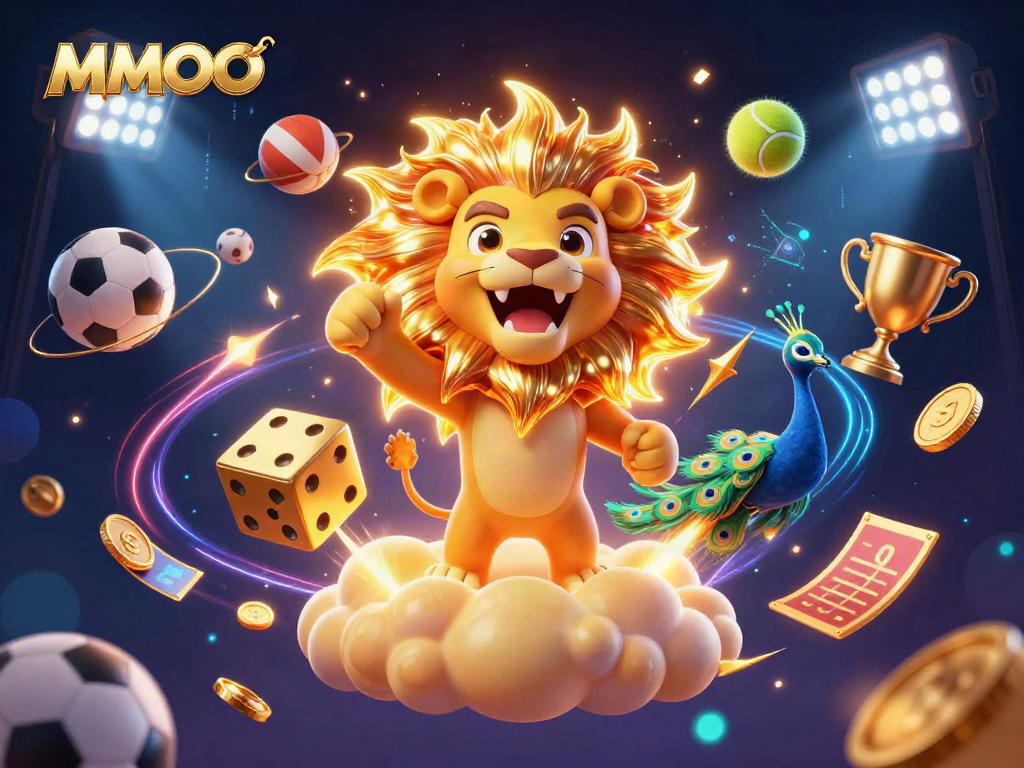 MMOO showcases a victorious lion amidst dynamic sports elements in this vibrant promotion.
