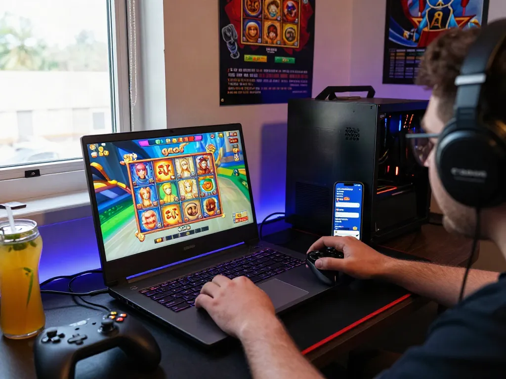 Excited player enjoying a slot gacor game on a gaming laptop with vibrant graphics.