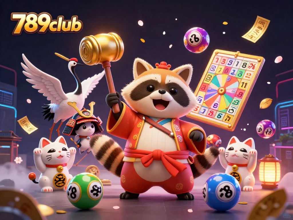 Engage with 789club's vibrant 3D casino world, featuring joyful tanuki and good luck symbols in action.