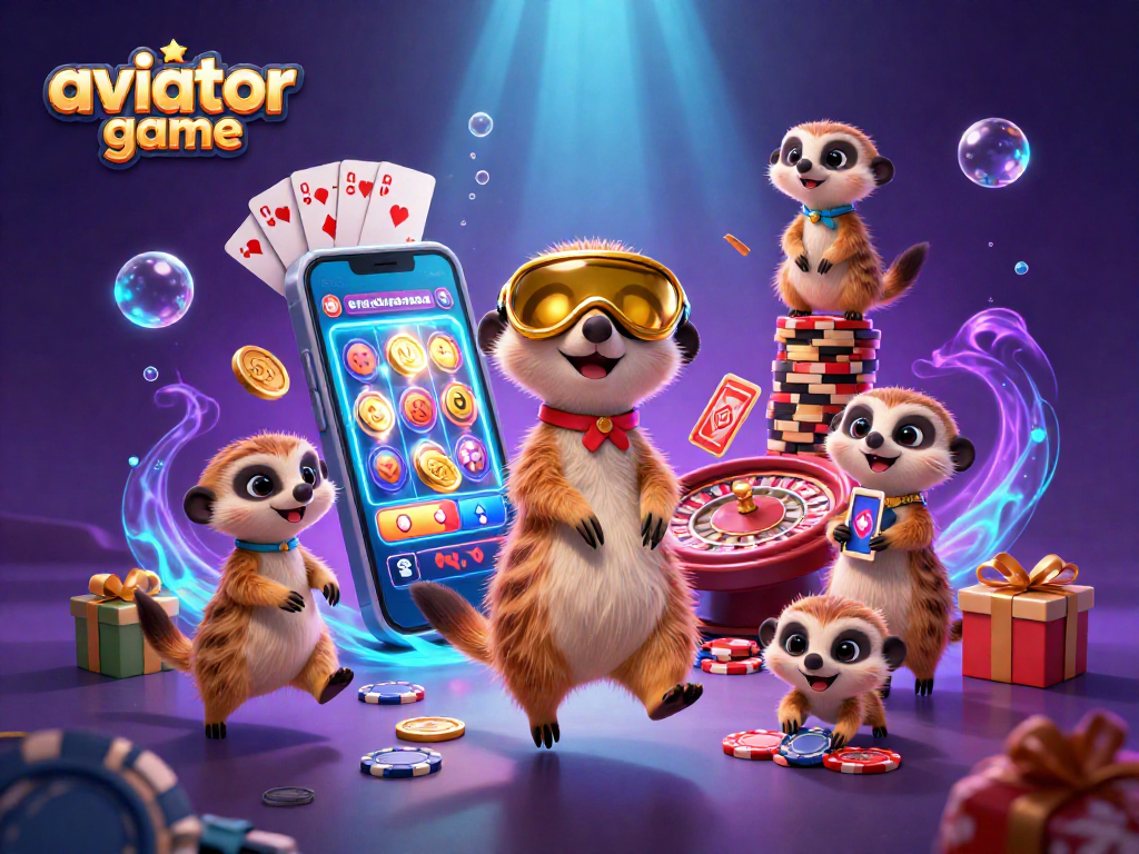 Play the aviator game with creative meerkats running a vibrant casino environment in this illustration.