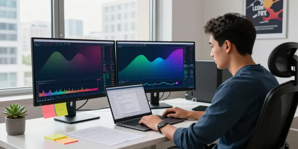 Focused trader using MetaTrader 5 on dual monitors in a modern home office.