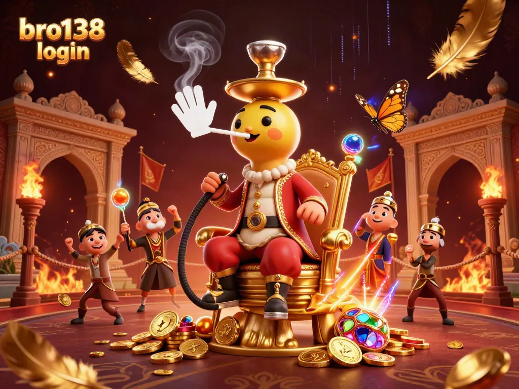Experience gaming excitement with bro138 login featuring vibrant casino elements, poker symbols, and a magical caterpillar.
