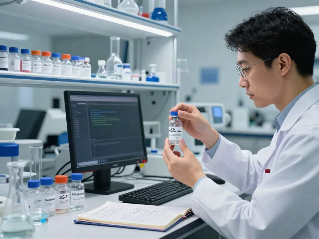 Researcher examines SS-31 Elamipretide in a modern lab, ensuring quality and purity.
