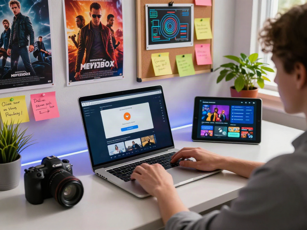 Moviebox app download scene with user engaging with tech at a vibrant workstation.