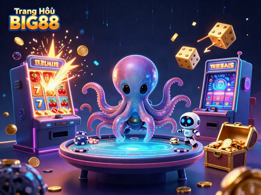 Experience the vibrant action of Trang Chủ BIG88 with an alien octopus at a holographic poker table, surrounded by casino elements.
