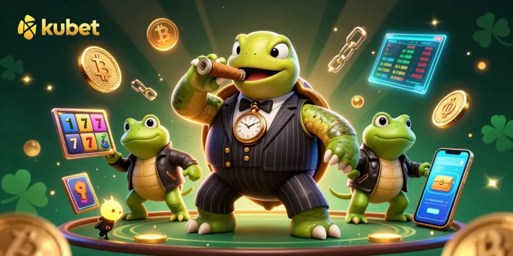 Win at kubet with a thrilling 3D scene of casino characters, Bitcoin coins, and jackpot reels.
