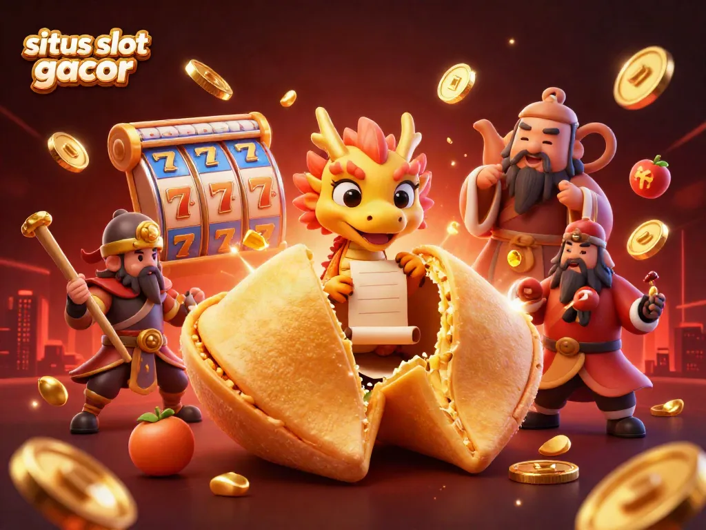 Engage with situs slot gacor showcasing vibrant slot reels, a dragon and fortune cookie in an adventurous casino scene.