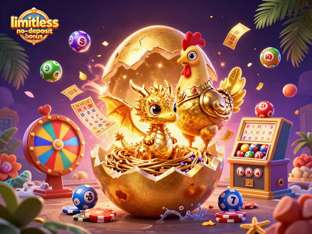Experience the limitless no deposit bonus adventure with a golden baby dragon, poker chips, and vibrant casino elements.