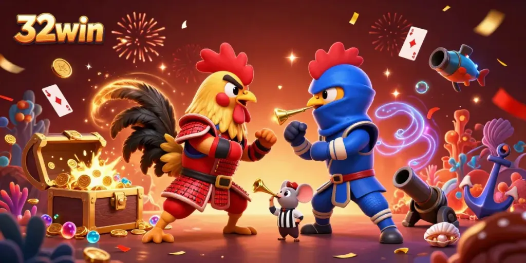 Experience thrilling gameplay with 32win as roosters battle in a colorful 3D casino scene.