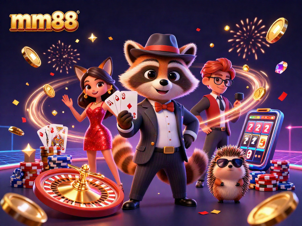 Experience excitement with mm88 casino characters: raccoon, fox, and hedgehog amid falling coins and vibrant games.