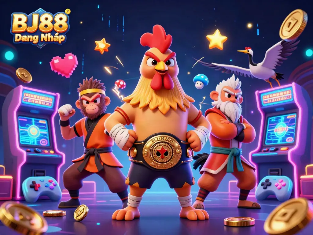 BJ88 Đăng Nhập showcases intense gaming action with a Muay Thai rooster, Shaolin monkey, and crane master amidst vibrant arcade elements.