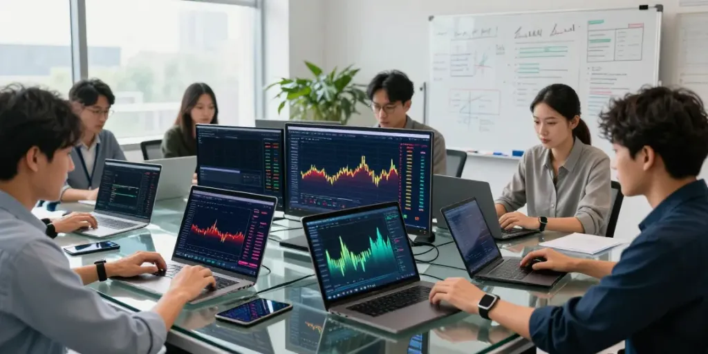 Real-time market data API analysis in a collaborative cryptocurrency workspace with multiple screens displaying crypto exchanges and trading strategies.