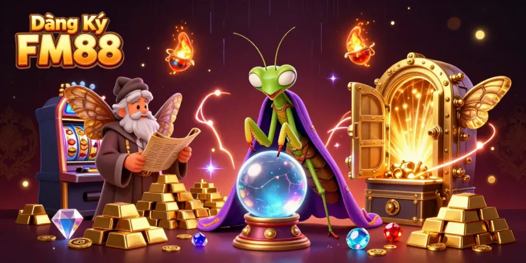 Join the fortune teller and librarian in the vibrant gaming world of Đăng Ký FM88, where luck meets strategy!
