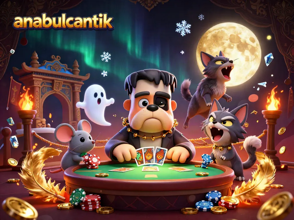 Gambar ilustrasi anabulcantik menunjukkan bulldog kartun Frankenstein bermain kartu di meja kasino menyeramkan.
