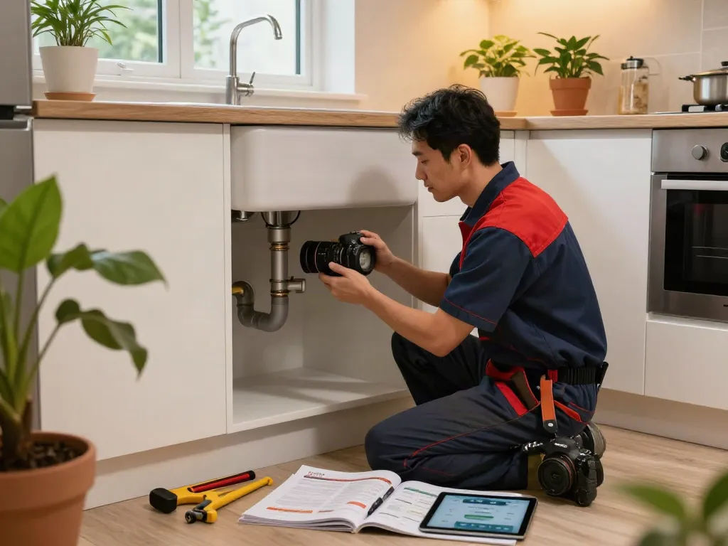 Professional plumber London inspecting kitchen pipes for leaks with tools and manuals.