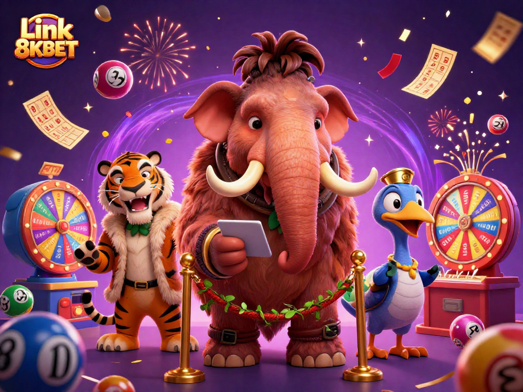 An engaging scene of Link 8KBET showcases vibrant lottery elements and themed characters creating a festive atmosphere.