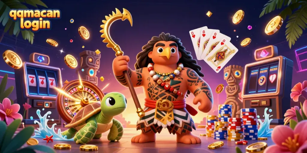 Experience the excitement of gaming with qqmacan login featuring an adventurous Polynesian demigod and casino elements.