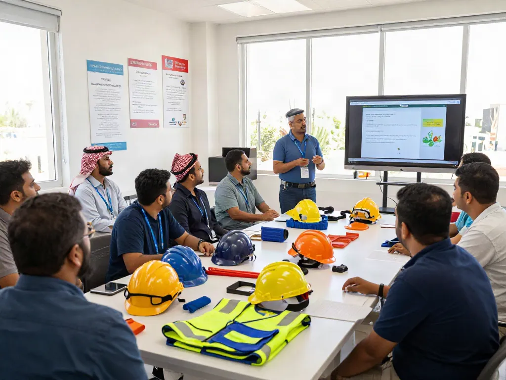 Training Institute Saudi Arabia conducting health and safety workshops with diverse participants learning safety protocols and skills.