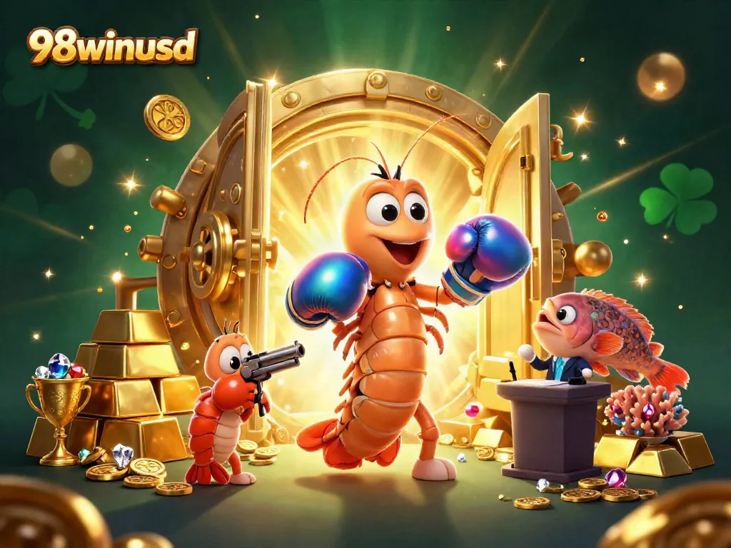 Experience the excitement of 98winusd with animated characters and dazzling treasures in a dynamic casino scene.