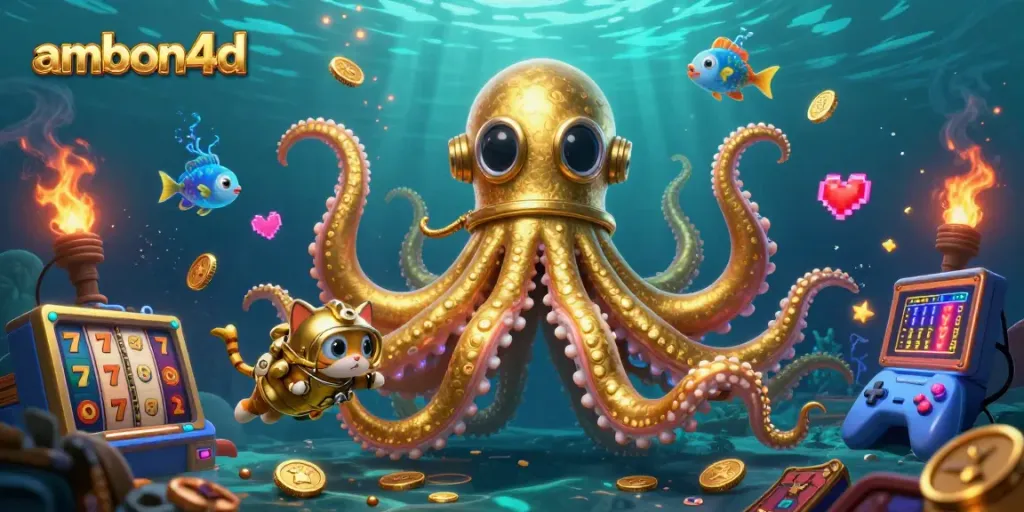 Experience the thrill of ambon4d with a vibrant 3D kraken and diving cat surrounded by exciting casino elements.