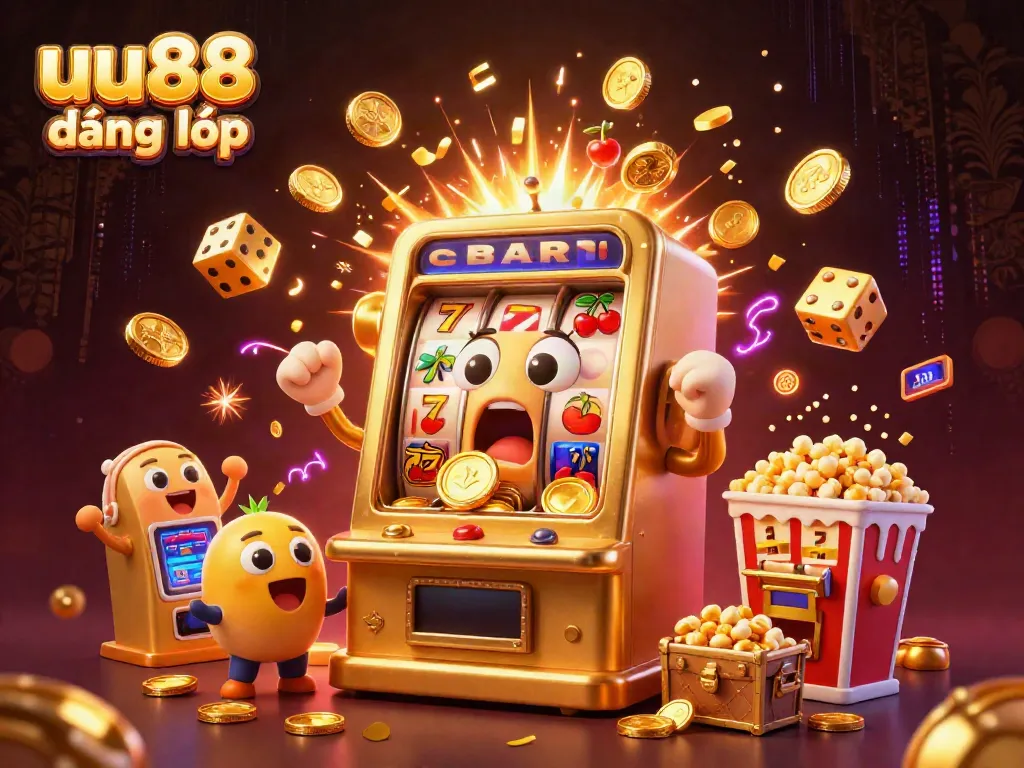 Experience the excitement of uu88 đăng nhập with a vibrant slot machine scene, featuring jackpots and cheering characters.