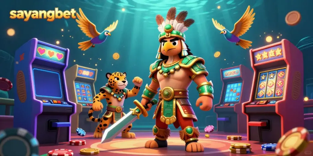Engage in thrilling gameplay at Sayangbet's vibrant casino scene with warriors and game machines.