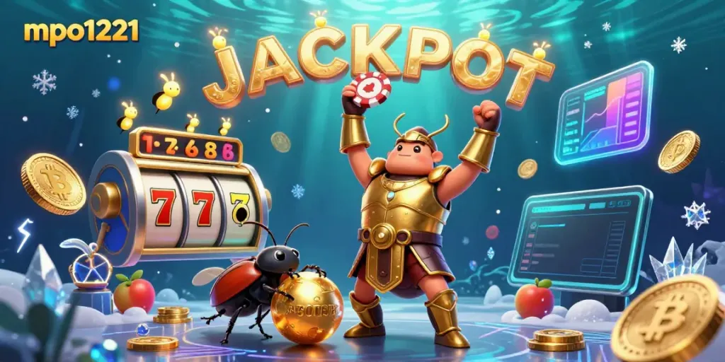 Join the excitement of mpo1221 with heroic beetles and slot elements celebrating a big win.