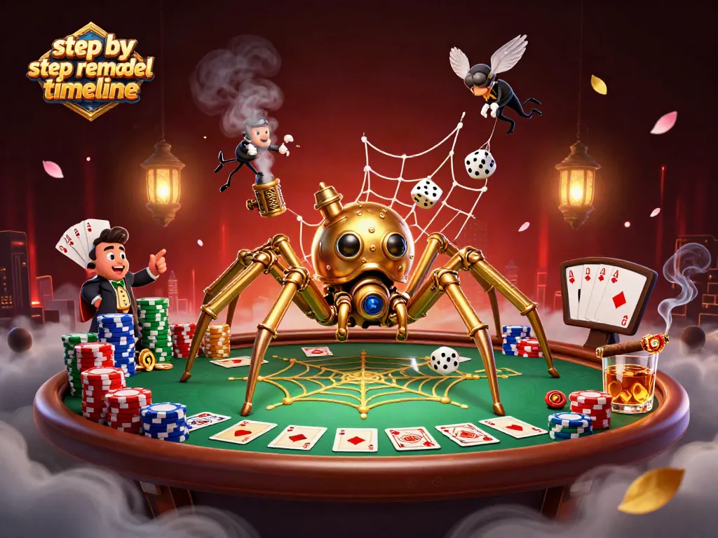 Engage in a thrilling step by step remodel timeline as a steampunk spider captures dice in its web.