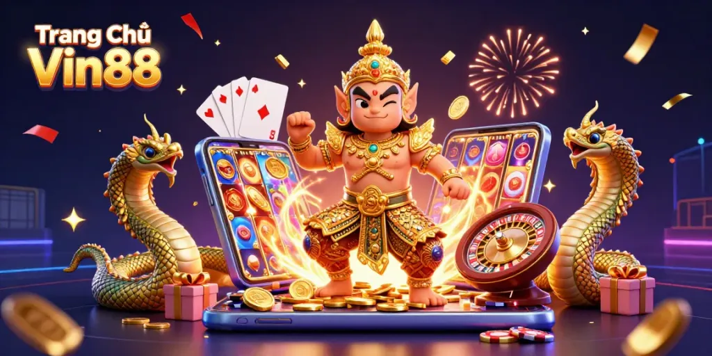 Experience the exciting casino realm at Trang Chủ Vin88 with a vibrant illustration of engaging games and colorful characters.