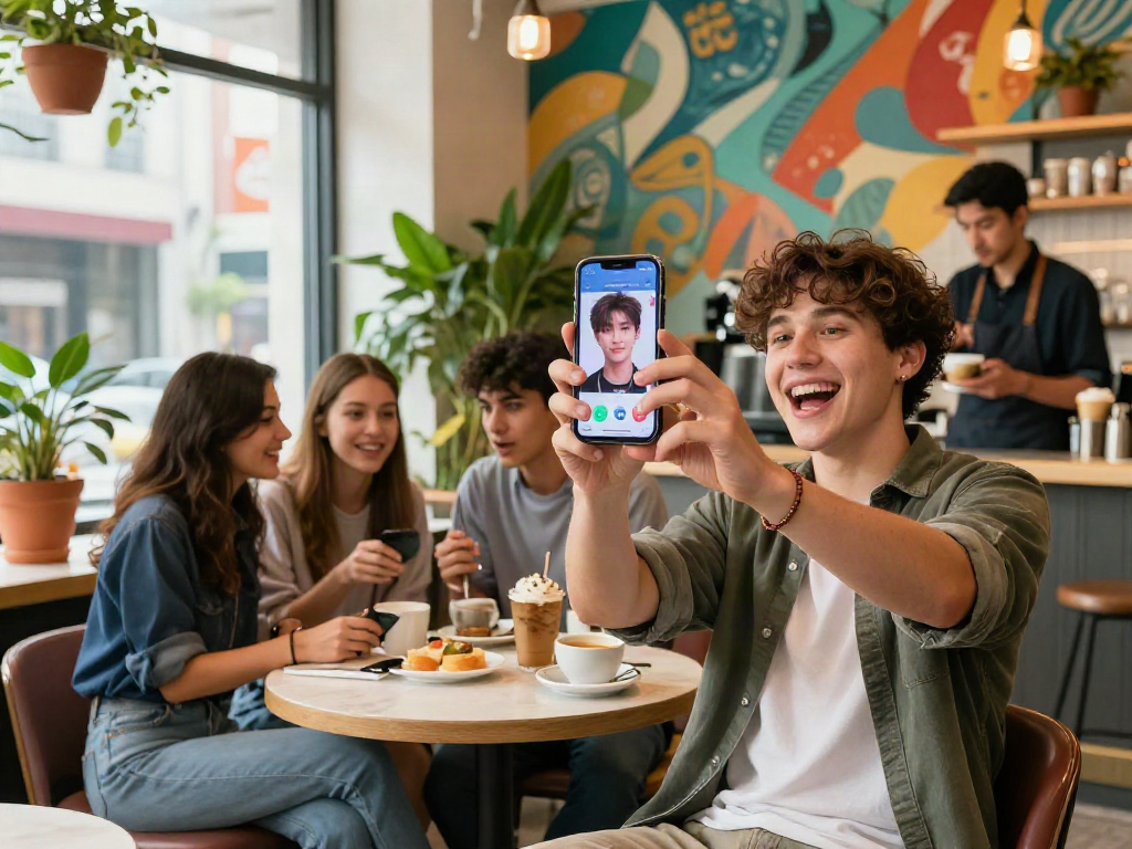 Joyful person using a celebrity look alike app in vibrant urban cafe
