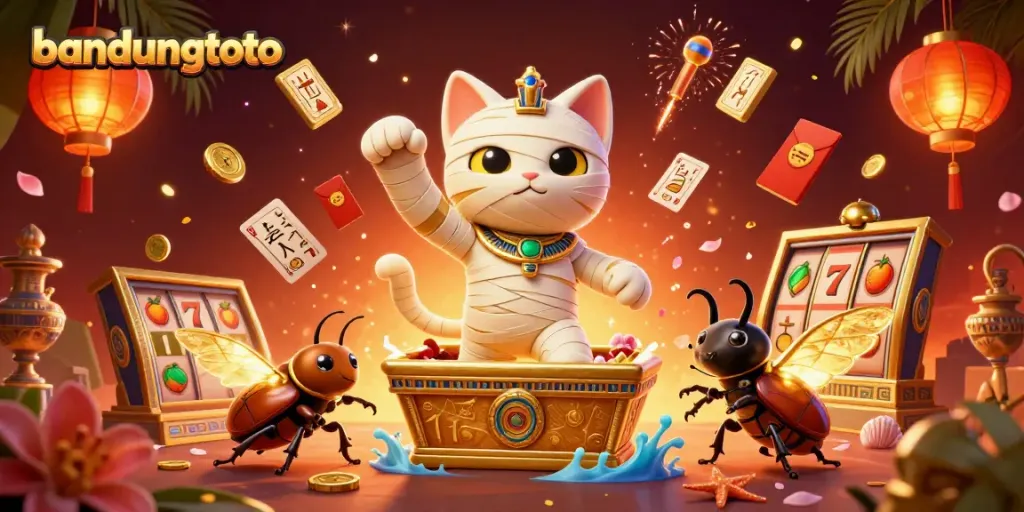 Engage with bandungtoto's thrilling online casino adventure featuring a mummy cat, golden symbols, and vibrant gaming elements.