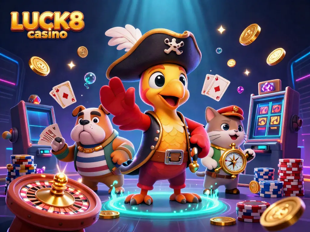 Experience the excitement of LUCK8 casino with a vibrant 3D scene featuring characters and dynamic gaming elements.