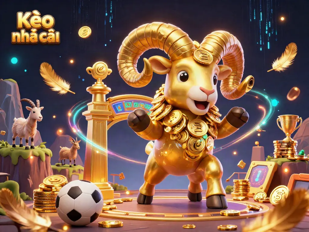 Engage with Kèo nhà cái in an energetic sports betting scene featuring a golden ram charging at a trophy.