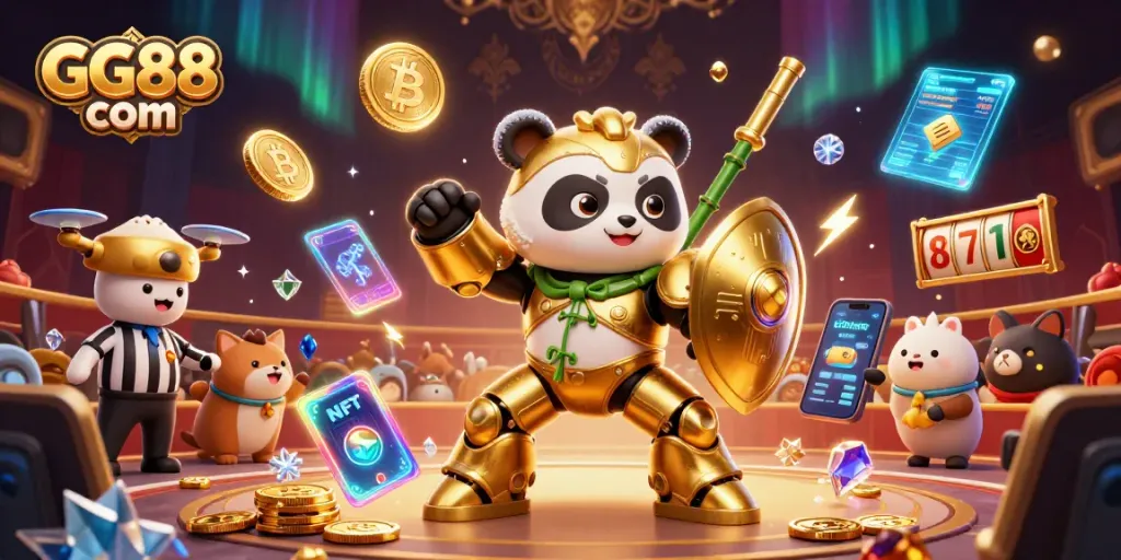 Engage with thrilling gameplay at GG88 com while discovering dynamic 3D casino illustrations showcasing robots and crypto elements.
