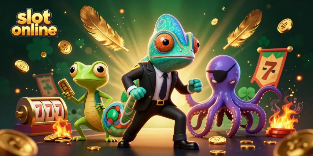 Engage in exciting slot online adventures with chameleon and friends amid glittering gold tokens.