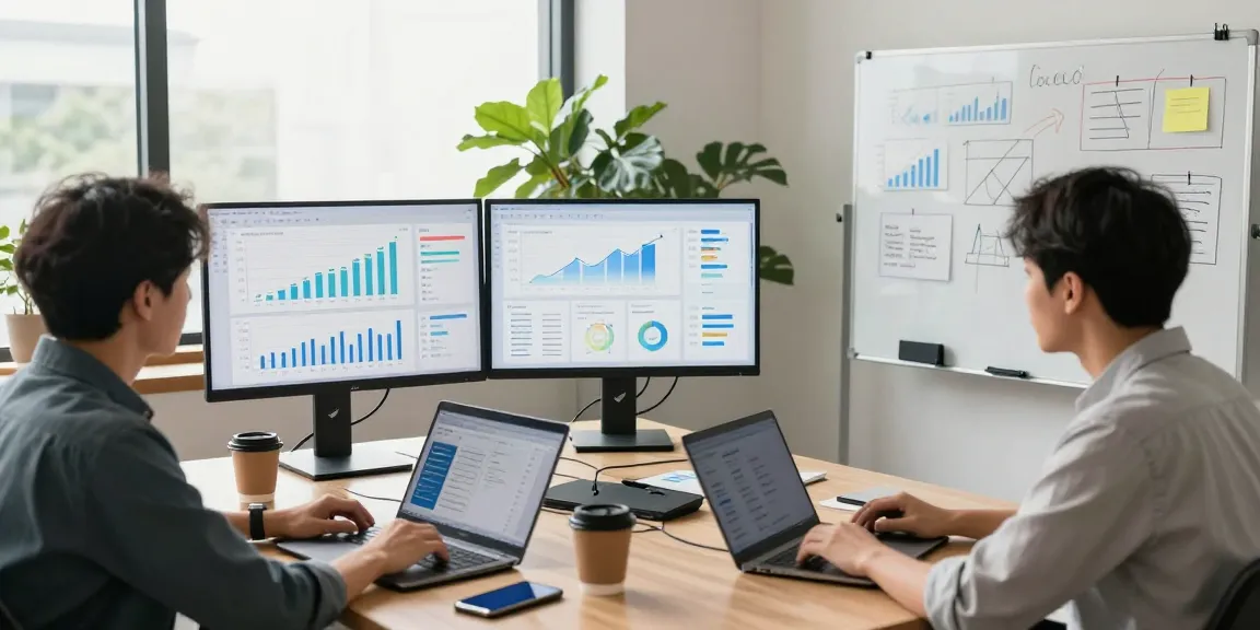Buy app installs analysis in a modern marketing office with analytics dashboards and team collaboration.