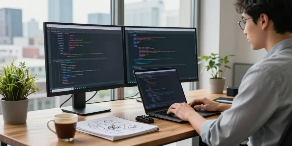 Developer utilizing an OpenAI-compatible API in a modern tech workspace with dual monitors displaying code.