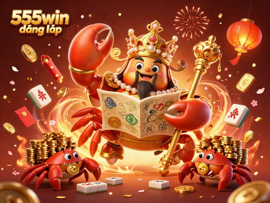 Engage in 555win đăng nhập with a vibrant illustration of a golden crab emperor among casino-themed elements and dynamic decorations.
