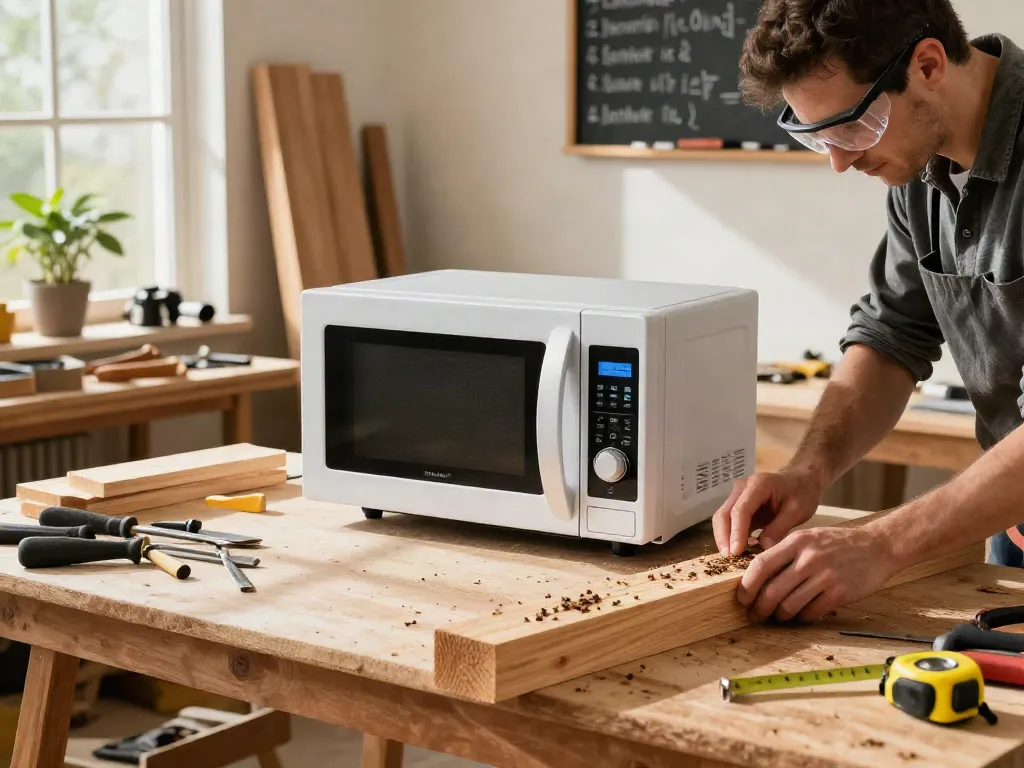 Woodworker using Shashel® microwave equipment for chemical-free woodworm treatment in a well-equipped home workshop.