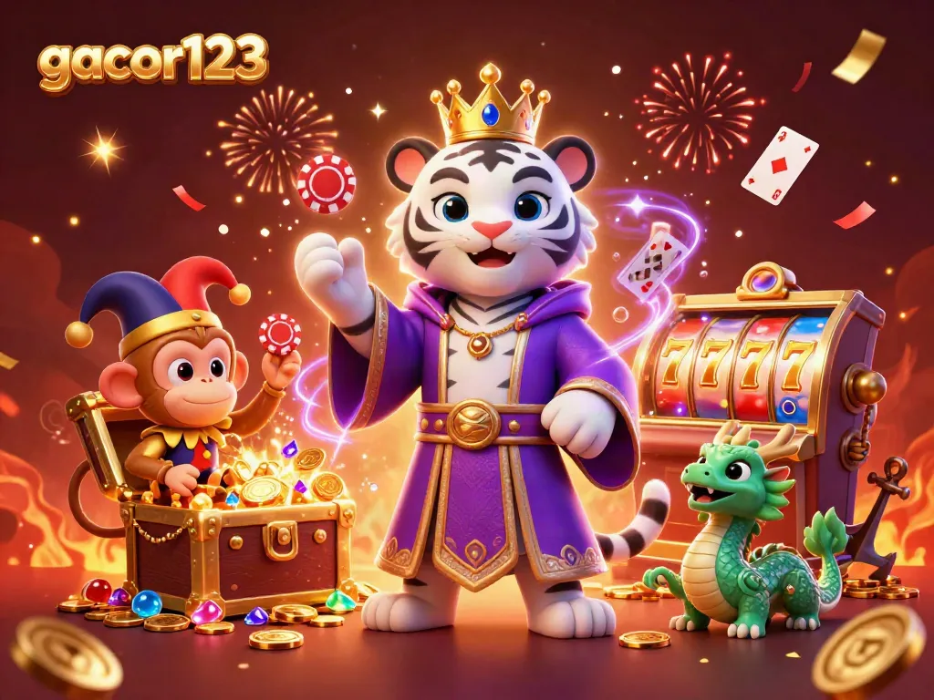 Experience the thrill of gacor123 with a vibrant illustration of a royal tiger, jester monkey, and dragon amid slot machines.