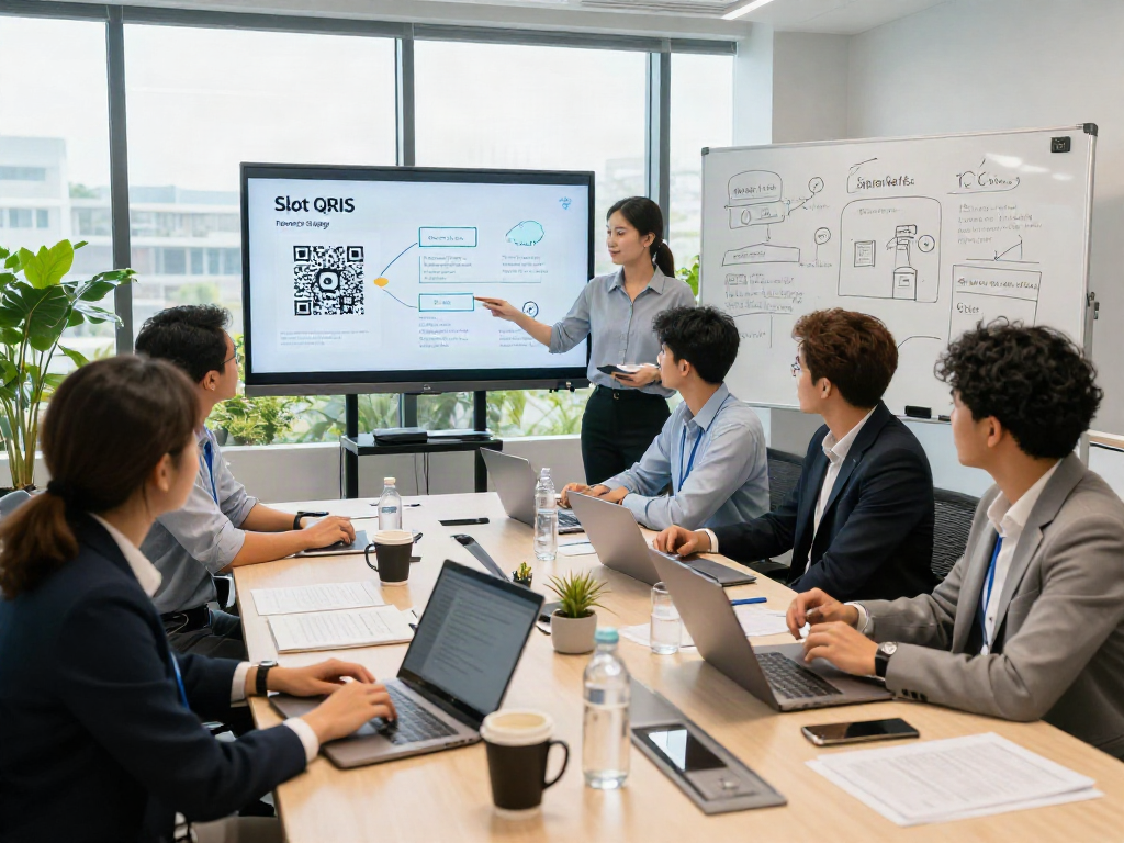 Team discussing slot QRIS strategies in a modern office environment