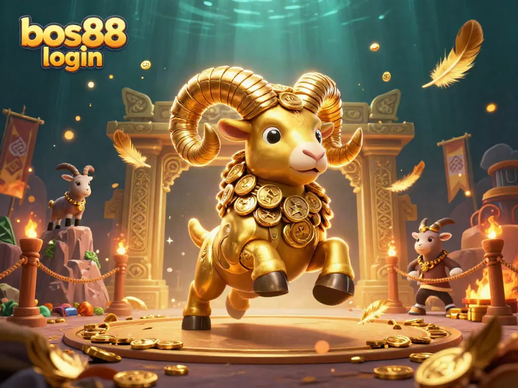 Masuk ke bos88 login dengan gambar ilustrasi fantastis menampilkan domba emas berlari di arena perjudian.