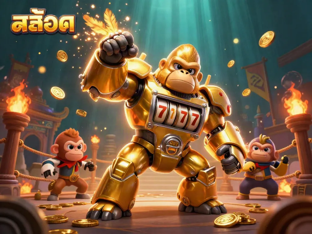 Experience the excitement of สล็อต with a dynamic golden gorilla mech and vibrant casino elements.