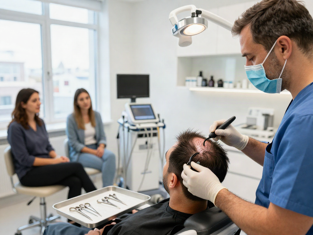 Hair transplant Istanbul - Surgeon examining patient's scalp in modern clinic with advanced equipment and a calming atmosphere.