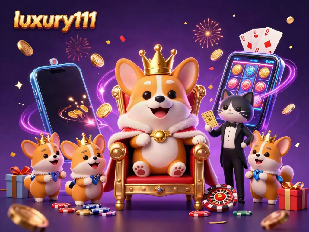 luxury111 presents the royal corgi throne surrounded by vibrant gaming elements and happy corgis