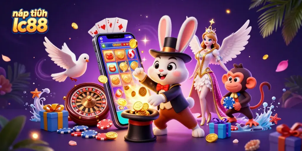 Engage in nạp tiền lc88 with a vibrant scene featuring a magician, dove, and monkey amid casino games.