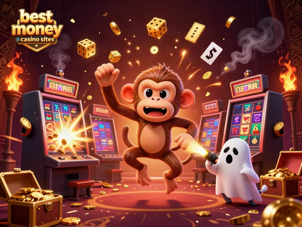 Experience the excitement at the best real money casino sites with a playful monkey and ghost-hunter puppy.